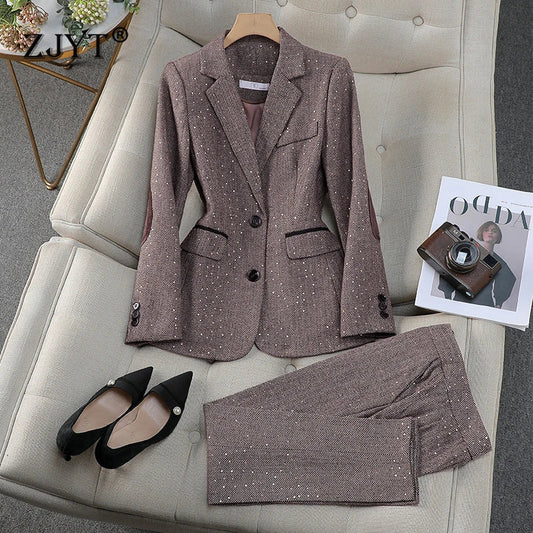 Elegant Vintage Blazer Pants Set for Woman 2 Pieces Matching Sets Autumn 2026 Office Lady Jacket and Trousers Suit Brown