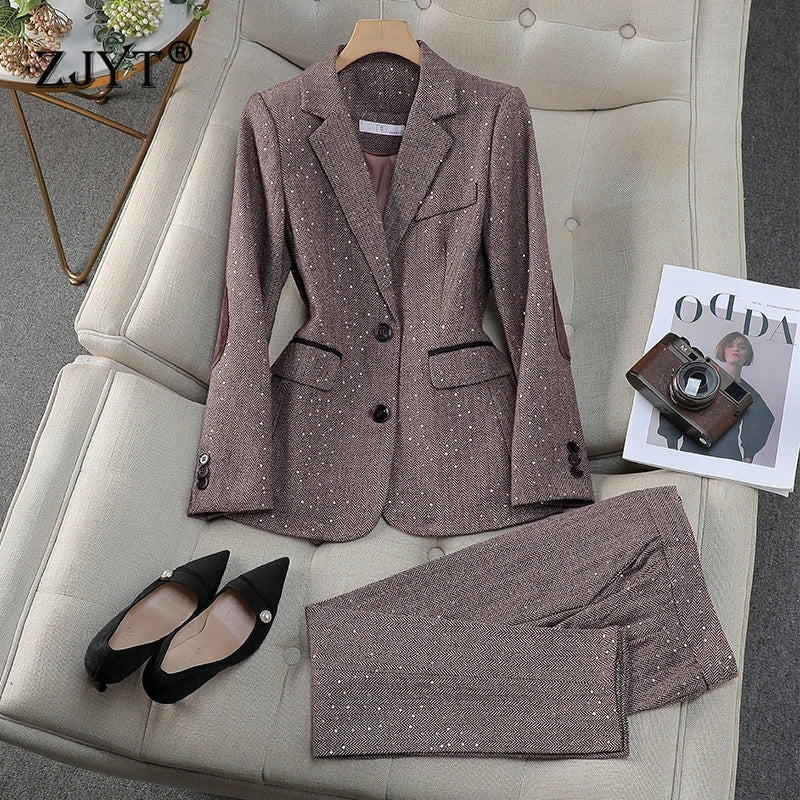 Elegant Vintage Blazer Pants Set for Woman 2 Pieces Matching Sets Autumn 2026 Office Lady Jacket and Trousers Suit Brown