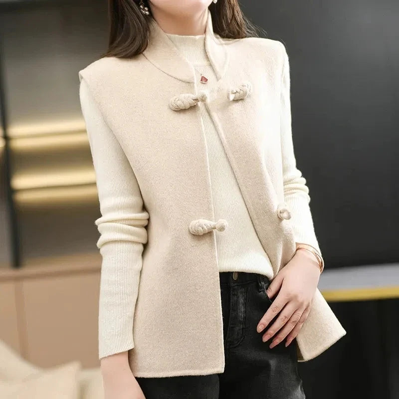 Woolen Vest Women's Standing Neck Button Chinese Style Loose Versatile Thin Wool Vest Outerwear Coat Sleeveless Jacket For Women