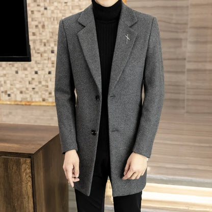 High-quality men's fashionable and stylish mid-length solid color woolen and cotton thick coat for autumn and winter