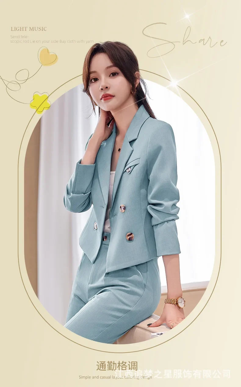 Blue Suit Women 2024 New Spring High End Fashion Temperament Professional Short Blazer And Pants Sets Office Ladies Work Wear