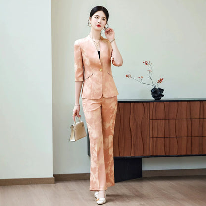 Fashion Office Ladies Blazer and Pants Suit Formal V Neck Half Sleeve Women Jacket Trouser Women Business Work Wear 2 Piece Set