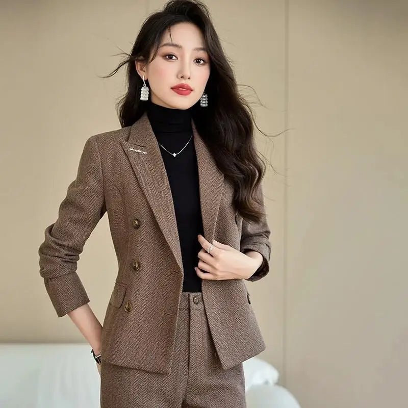 Elegant Lady Wide Leg Pant Sets for Women 2 Pieces Blazer Suit Double Breasted Jacket Trousers Outfit Female Autumn Winter