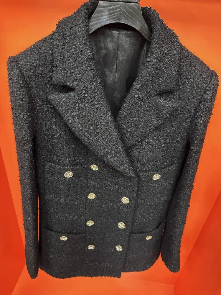 Double Breasted Office Ladies Elegant Black Tweed Jacket Mid Length Fashion Coat Spring Autumn Lapel Straight Women Suit Jacket
