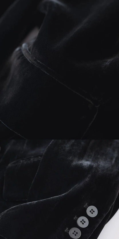 Silk Velvet Long Sleeve Suit Jacket Women's Business Wear Slim Fit Mid-Length Luxury Glossy Black Swan Velvet Outerwear
