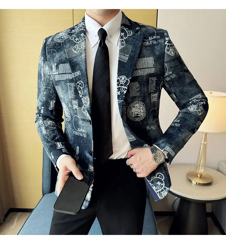 2024 Autumn Winter Jacquard Denim Suit Jacket for Men Fashion Business Casual Blazers Streetwear Social Men Clothing