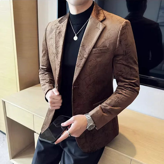 New Fashion Elegant Velvet Jacquard Suits Jacket Men's Slim Fit Business Social Formal Suit  Coats Tailcoat Men Clothing 4XL-M