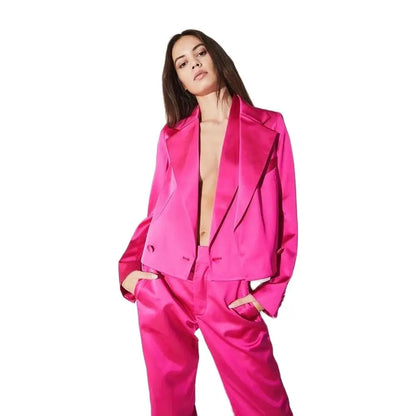 Rose Pink Satin Double Breasted Women Pants Set High-end Female Two Pieces(Jacket+Trousers)أطقم بناطيل