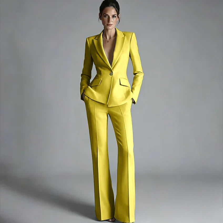 Elegant Women's One-Button Jacket+Pants Suit Set Classic Pink Peaked Lapel 2 Piece Formal Business Wedding Guest Outfit