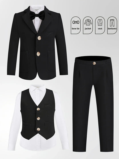 Boys Pink Spring 4Pieces/Set Blazer Vest Pants Bowtie Wedding Dress Kids Formal Photography Suit Children Performance Costume