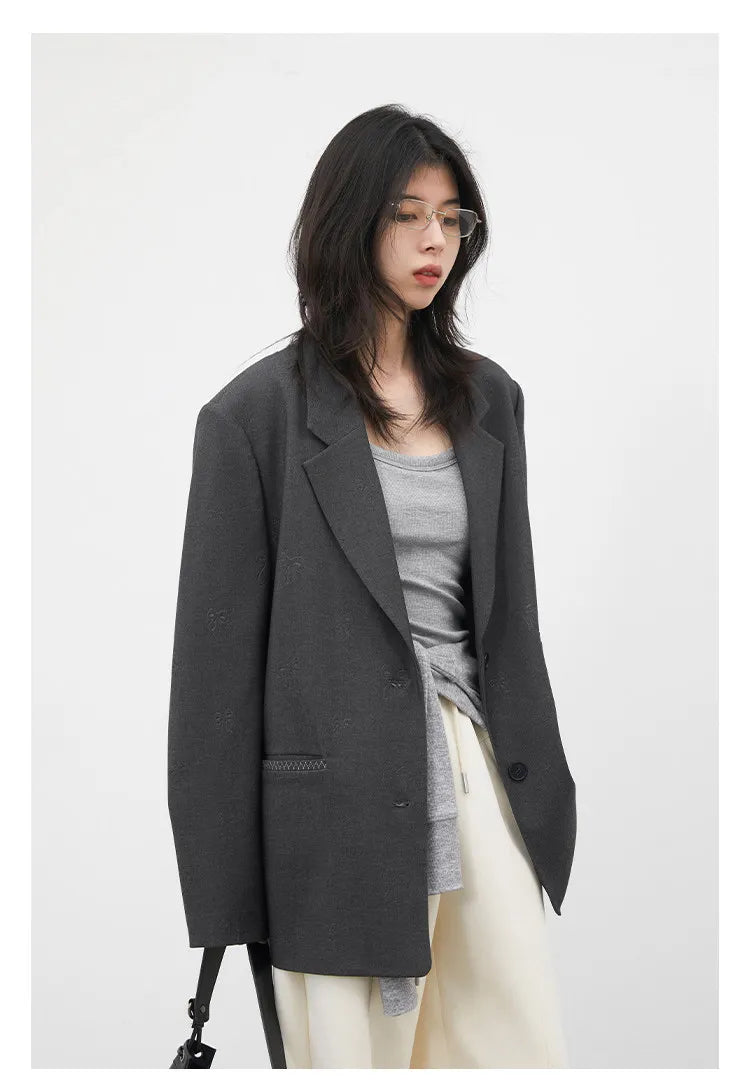 Fashion Women Blazers Loose Casual Design Bow Embossed Office Ladies Suit Jacket Gray Spring Autumn 2026 Female Coat