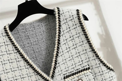 Women V-neck Tweed Sleeveless Vest Female Splicing Together Waistcoat Top Autumn Lady Lmitation Mink Fur Vest Jacket
