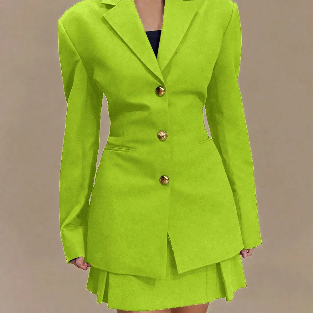 Women's Pleated Skirt Suit Set 2025 2Pieces(Tailored Blazer&High Waist Skirt) Office Chic Single-breasted Notch Lapel Outfit