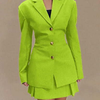 Women's Pleated Skirt Suit Set 2025 2Pieces(Tailored Blazer&High Waist Skirt) Office Chic Single-breasted Notch Lapel Outfit
