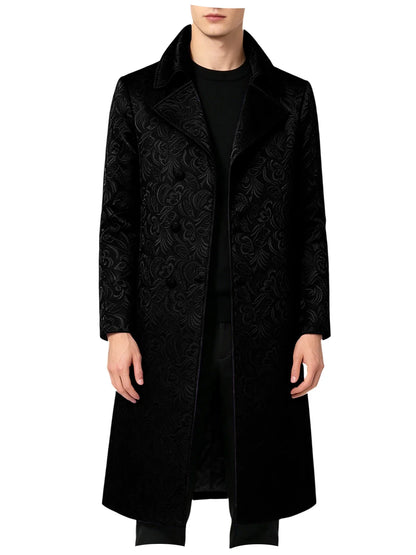 Men Luxury Jacquard Long Trench Coat Lapel Formal Overcoat Outerwear For Wedding Prom Banquet Club Evening Business Stage Party