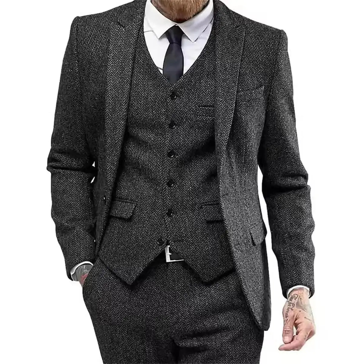 Classic Herringbone Tweed Mens Suits Stylish Vintage Tuxedo Set 3 Pieces Blazer Vest and Pant For Wedding Business Evening Party