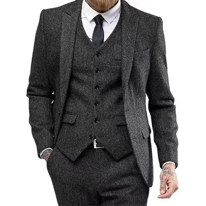 Classic Herringbone Tweed Mens Suits Stylish Vintage Tuxedo Set 3 Pieces Blazer Vest and Pant For Wedding Business Evening Party