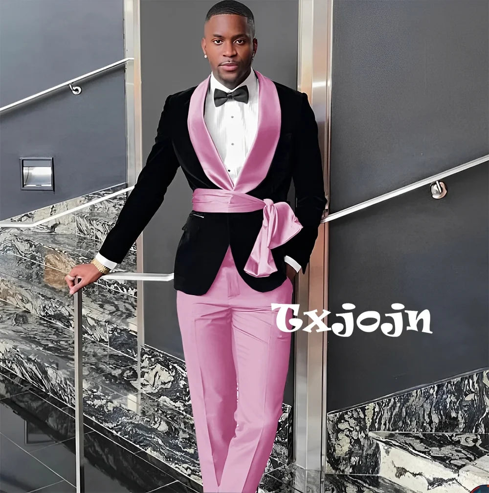 New Arrival Fashion Velvet Men's Suits 2 Pieces Wedding Groom Tuxedo Elegant Handsome Suit Set For Men Birthday Party Customized