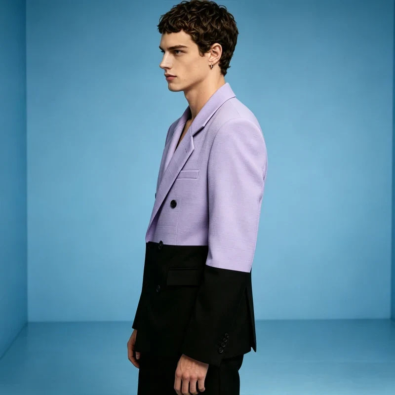 Men's Linen Color Block Blazer Double Breasted Notch Lapel Lightweight summer Sport Coat Fashion Jacket for Party & Streetwear