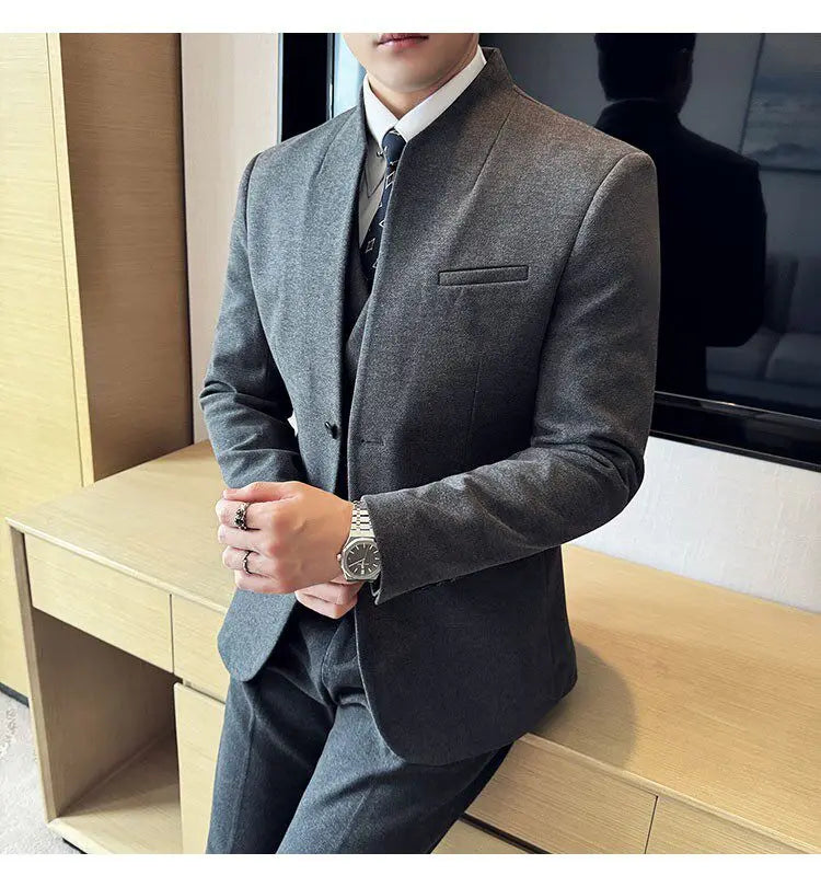 Men's 3-Piece Slim Fit Stand Collar Suit – Wedding, Prom & Office Formal Set