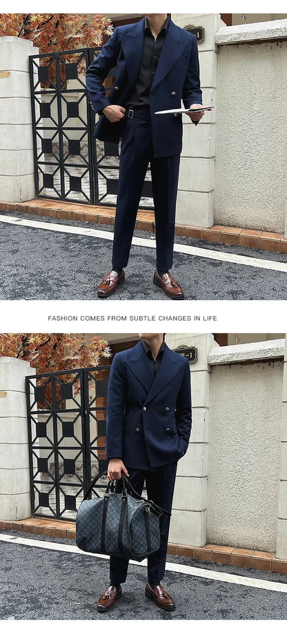 (Jackets+Pant)Fashion Double Breasted Design Men Suit Italian Style Luxury Elegant Business Social Wedding Dress Thick Suit 2Pcs