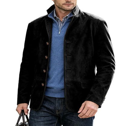 Men's Suede Blazer Single Breasted Slim Fit Classic Stand Collar Suit Jacket for Weddings & Daily Wear