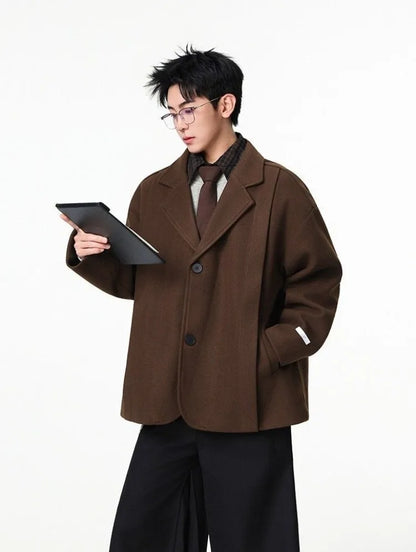 Men's British Style Brown Wool Blend Blazer Korean Loose Lapel Chic Autumn Fashion Suit Jacket