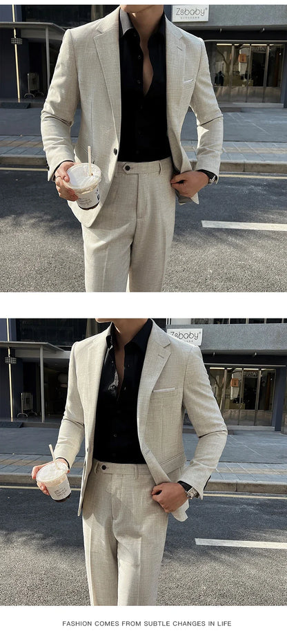 (Jacket +Pants) 2025 New Luxury Elegant Men's Suits 2 Piece Set Fashion Korean Casual Slim Fit Social Groom Wedding Tuxedo