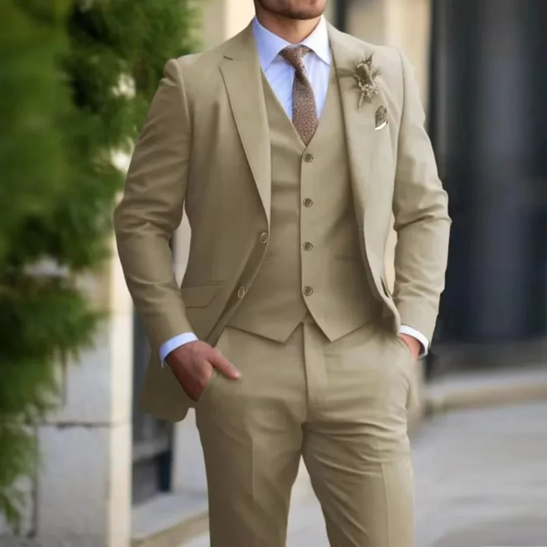 Men's 3-Piece Formal Solid Color Suit Set - Wedding Business Party Dance Classic Occasion Jacket Vest Pants Ensemble