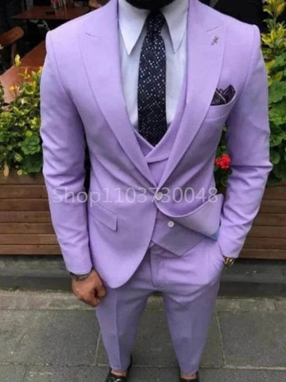 Costume de smoking pour homme coupe ajustée 3 pièces, violet lavande, pour garçons d'honneur, mariage, fête, blazer, revers en pointe, veste, costume homme, Terno Masculino