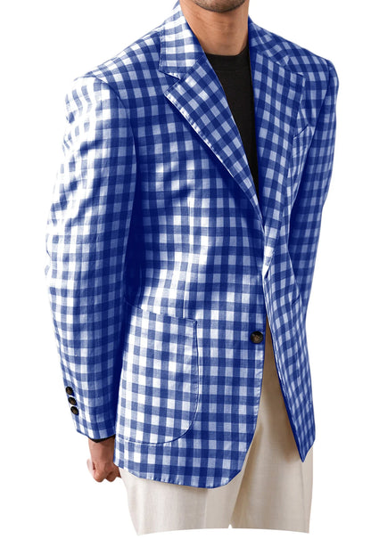 Men's Checkered Cotton Blazer Notched Lapel Single-Breasted Casual Business Summer Sport Coat with Patch Pockets