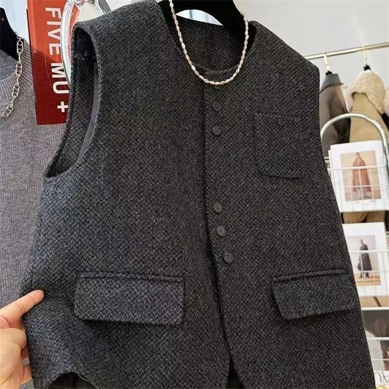 Women O- Neck Woolen Vest Coat European Female Cardigan Cotton Waistcoat Jacket Autumn Ladies Fashion  Sleeveless Tops Outwear