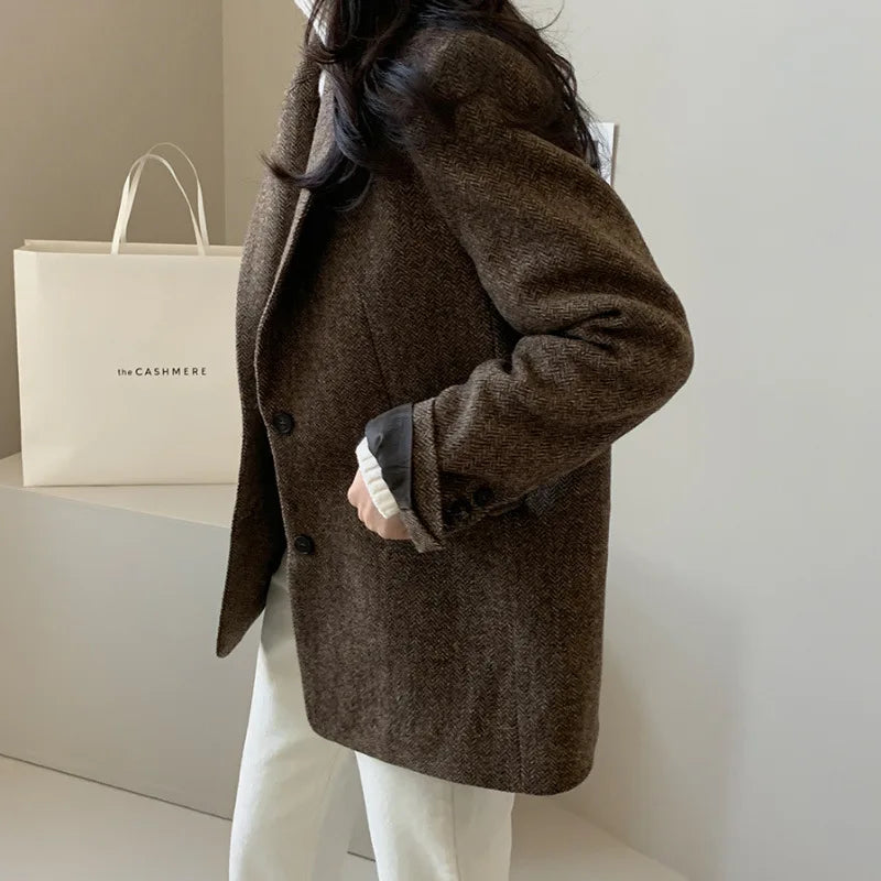 Women's Slim Fit Blazer Autumn Mid-Length Lapel Coat Contrast Cuff Detail Elegant Office & Commute Outerwear