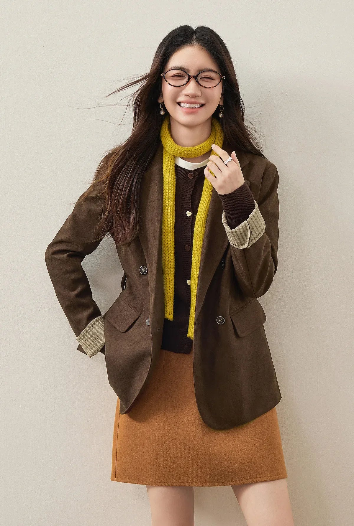 Women's Suede Casual Blazer Notched Lapel Loose Mid Length Outerwear 2026 Autumn New Brown Ladies Coat W63XC8300