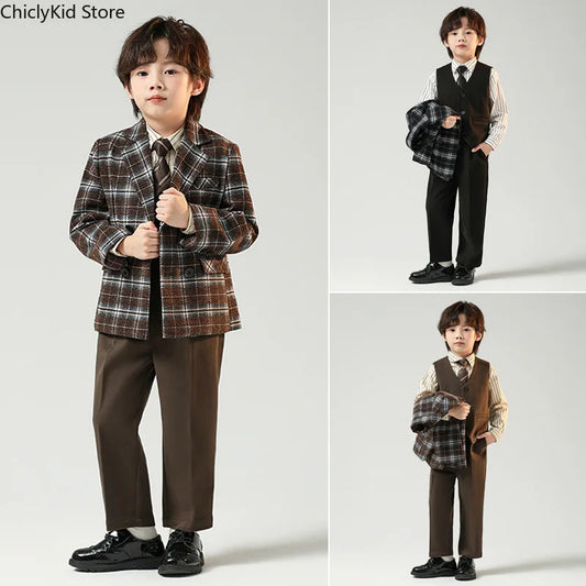 Boys British Double Breasted Blazer Jacket Pants Children Suit Waistcoat Wedding Clothes Sets Toddler Formal Dress Kids Tuxedos