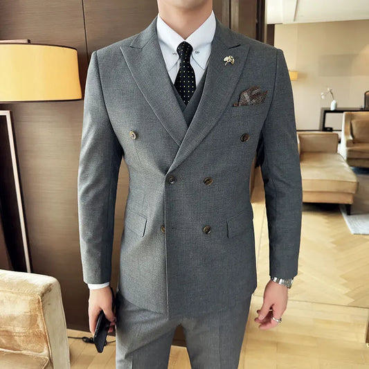 Men's Double Breasted Wedding Suit 3 Piece Set – Slim Fit Smart Casual, Brown & Grey