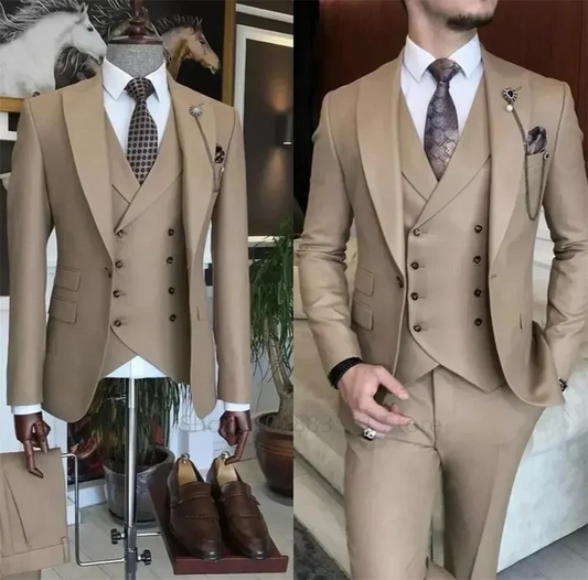 Ensemble 3 pièces pour homme : costume slim neuf, kaki, formel, pour affaires, mariage, marié, bal de promo, terno masculino, blazer, gilet et pantalon sur mesure