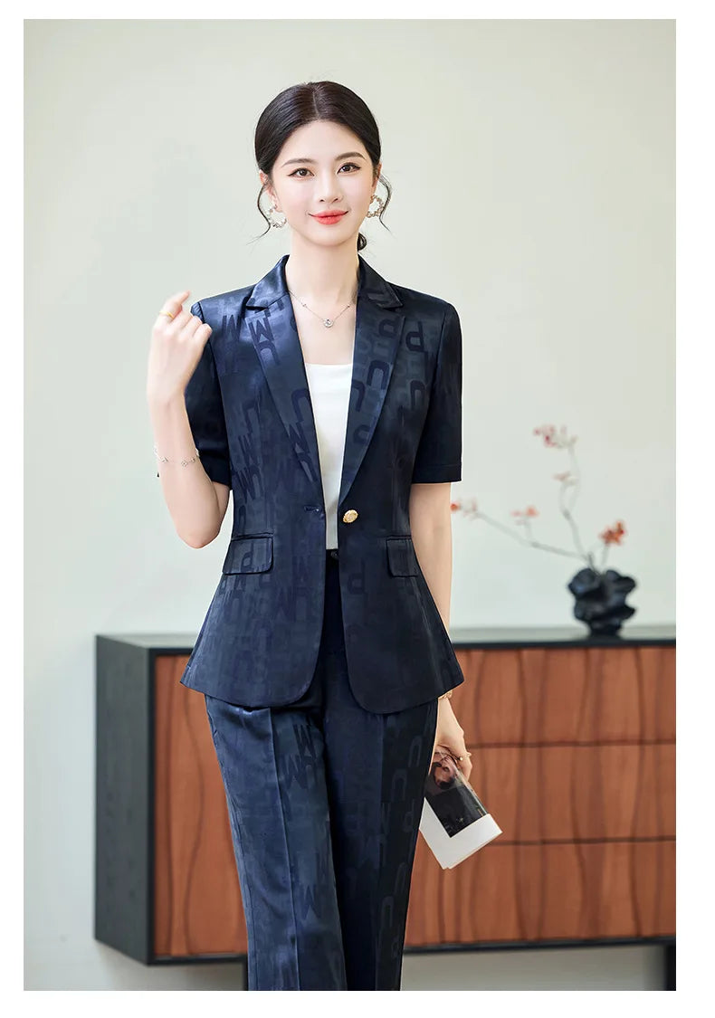 Fashion Letter Print Short Sleeve Professional Suit Women New 2026 Summer Elegant Slim Blazer And Pants Office Ladies Work Wear