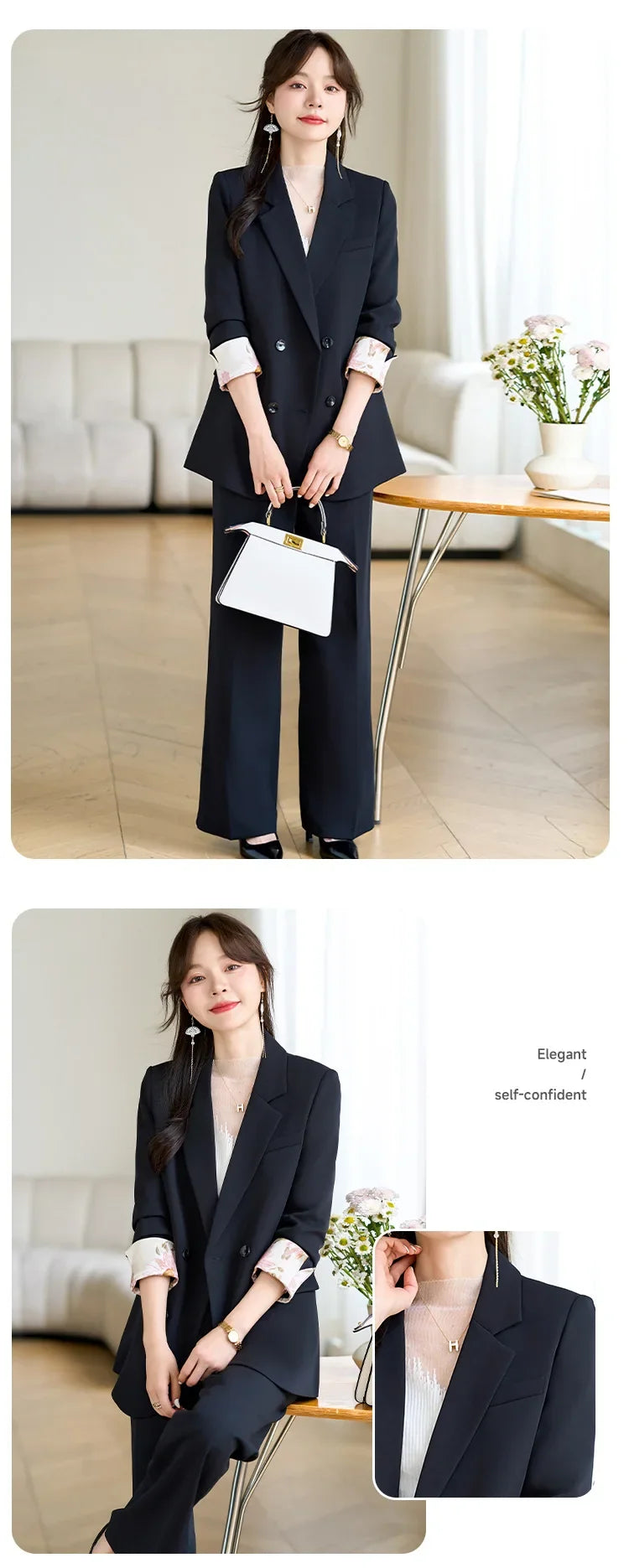 Fashion Elegant Solid Women Blazer Pantsuit Casual Vintage Chic Suit Jackets Wide Leg Pants 2 Pieces Set Female Outfits