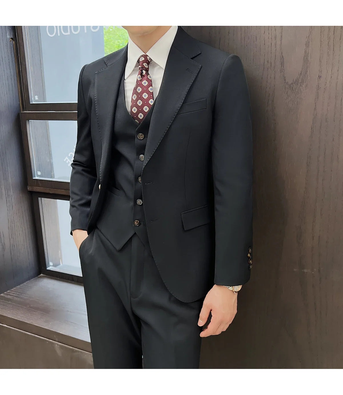 ( Jacket+Vest+Pants ) ltalian Style Luxury High-end Fashion Solid Color Mens Business Slim Suit 3Piece Set Groom Wedding Tuxedo