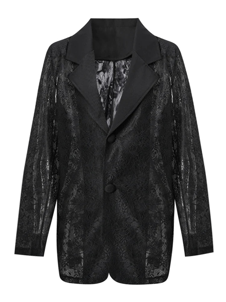 Women Black Sheer Floral Lace Blazer Long Sleeve Lapel Collar Single Breasted See Through Loose Fit Casual wear 2026 new