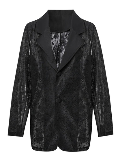 Women Black Sheer Floral Lace Blazer Long Sleeve Lapel Collar Single Breasted See Through Loose Fit Casual wear 2026 new