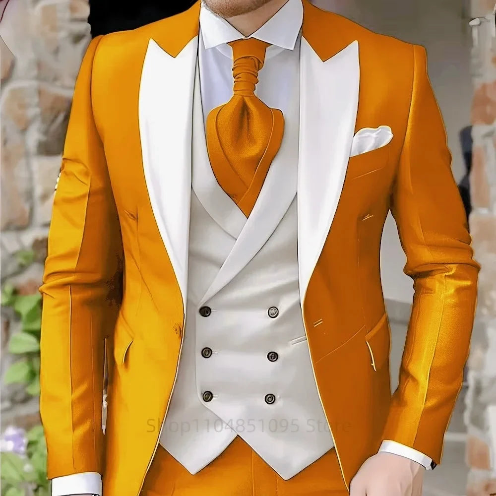 Costumes roses pour hommes Élégant smoking de marié à revers pointu Veste 3 pièces Gilet et pantalon Ensemble de costume formel pour hommes pour affaires et bal de promo