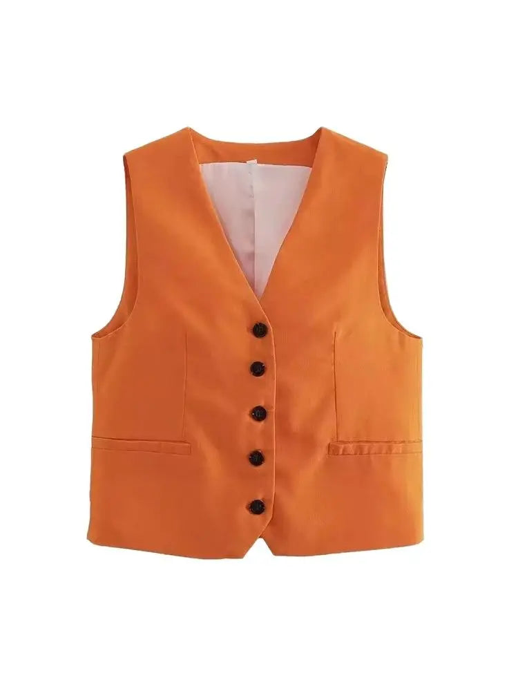 Women Fashion Front Button Linen Blend Waistcoat Vintage V Neck Sleeveless Female Outerwear Chic Vest Tops