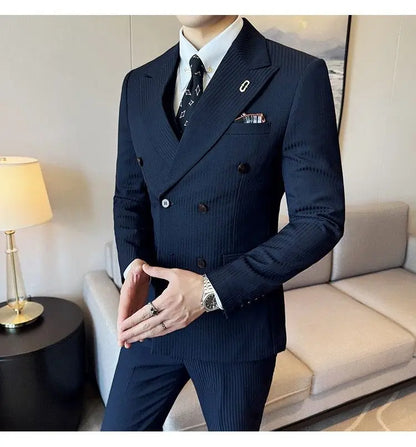Korean Slim Fitt Wedding Suit Fashion Striped Double Breasted Suit 3 Piece Set Business Formal Casual Party Prom Host Suits