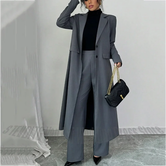 Gray Two Piece Women's Suit Single Breasted Long Blazer Pants Custom Formal Outfit Office Lady Business Wear Solid Color