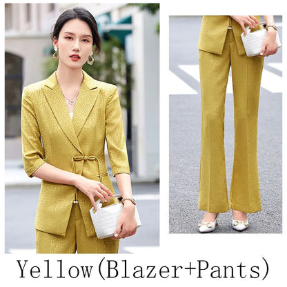 Chinese style Spring Summer Women Elegant Office Work Three Quarter Blazer Tops And Flare Pant Fashion Oversize Two Piece Suits