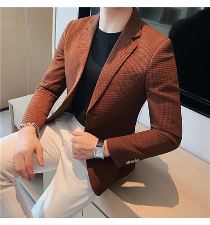 2025 Spring New Waffle Suit Coats Men Slim Fit Business Casual Blazer Jacket Homme Formal Groom Prom Wedding Tuxedo 4XL-M