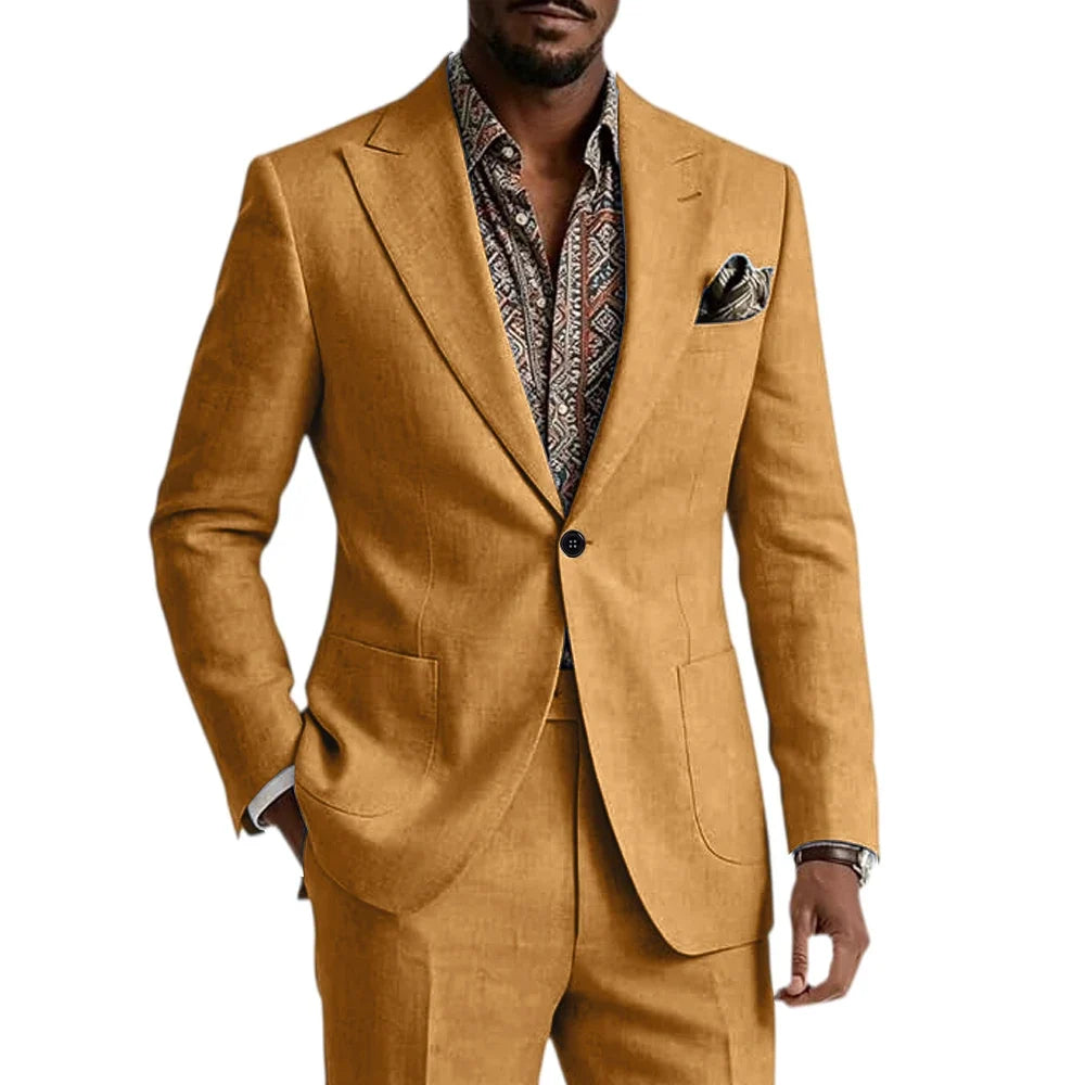Men's Linen Blend Suit 2 Pieces Set Solid Color Peak Lapel Slim Fit One Button Jacket Pants Formal Outfit Wedding Business Casua
