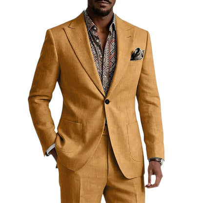 Men's Linen Blend Suit 2 Pieces Set Solid Color Peak Lapel Slim Fit One Button Jacket Pants Formal Outfit Wedding Business Casua